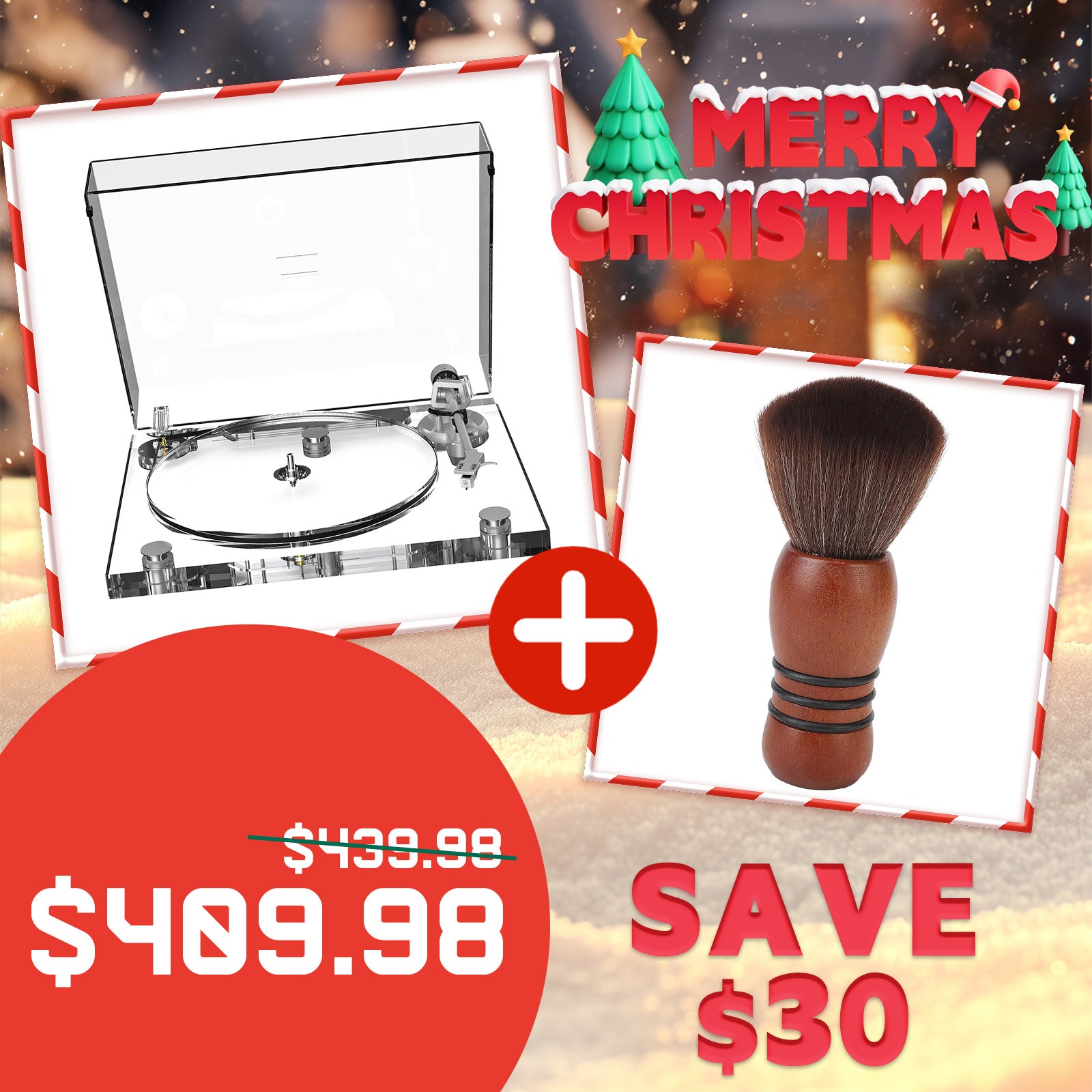 Christmas Limited Edition | Transparent Acrylic Hi-Fi Bluetooth Turntable & Brown Anti-Static Vinyl Brush Set