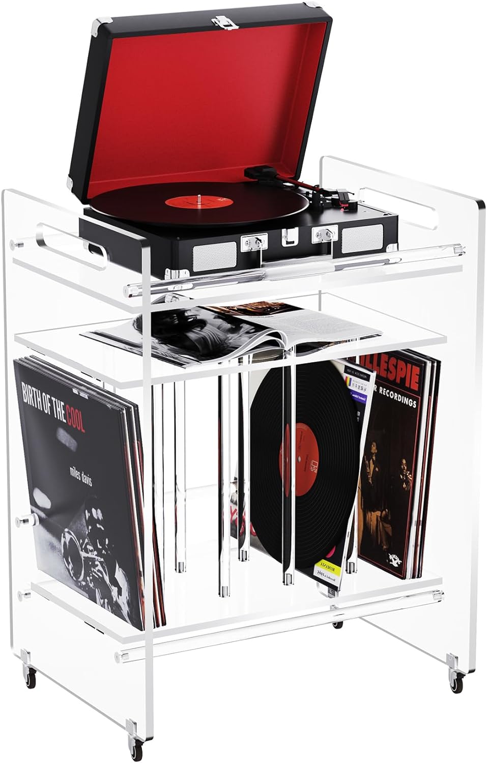 Clear Acrylic Record Player Stand with Wheels and Vinyl Storage