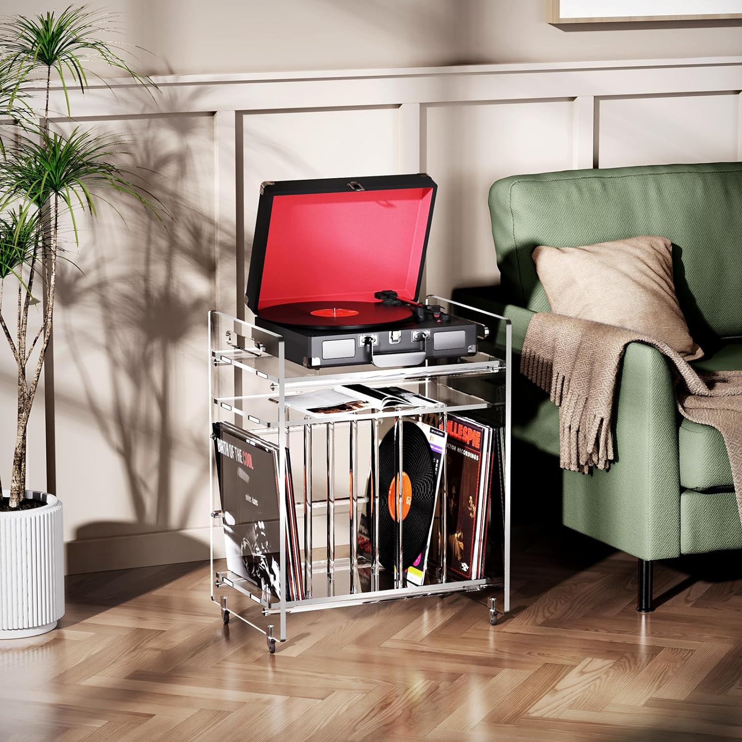 Clear Acrylic Record Player Stand with Wheels and Vinyl Storage