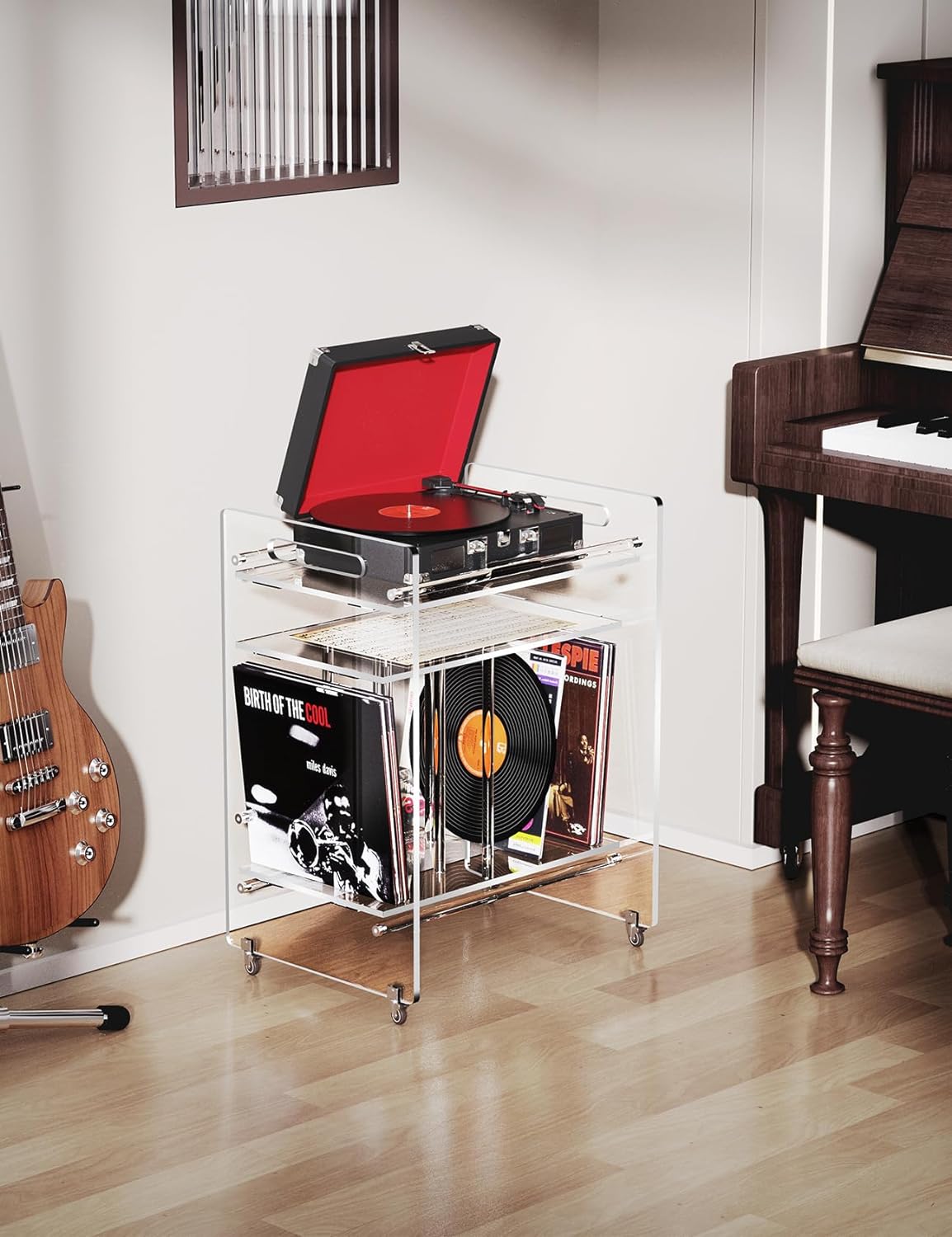 Clear Acrylic Record Player Stand with Wheels and Vinyl Storage