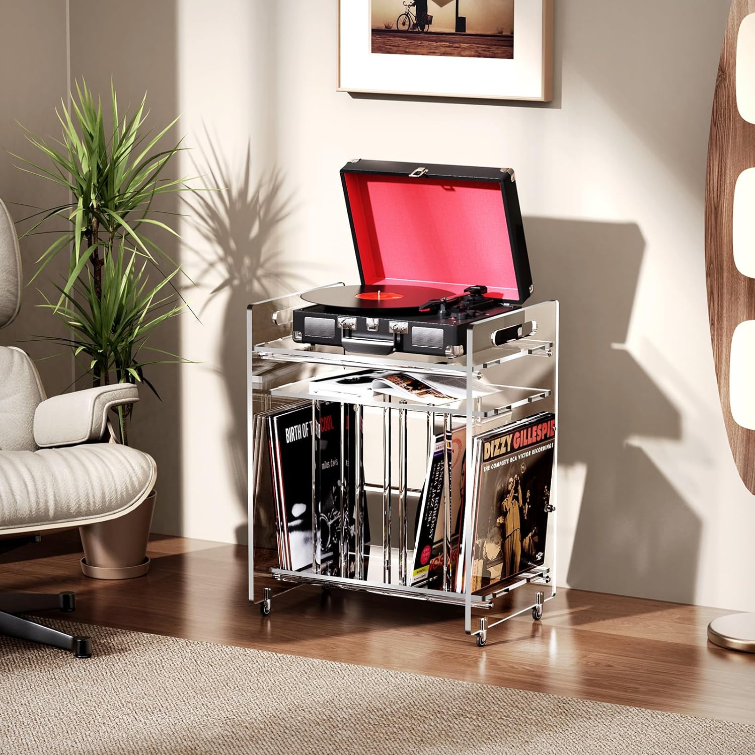 Clear Acrylic Record Player Stand with Wheels and Vinyl Storage