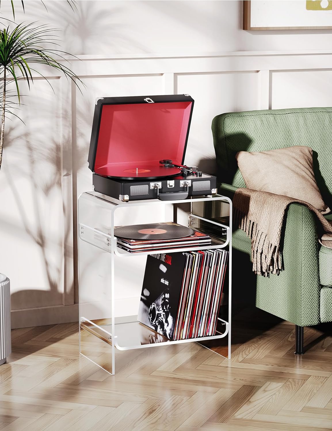 Clear Acrylic Record Player Stand with Storage Shelf – Modern Vinyl Display