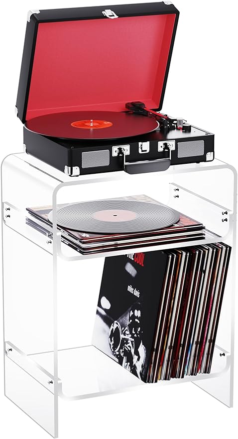 Clear Acrylic Record Player Stand with Storage Shelf – Modern Vinyl Display