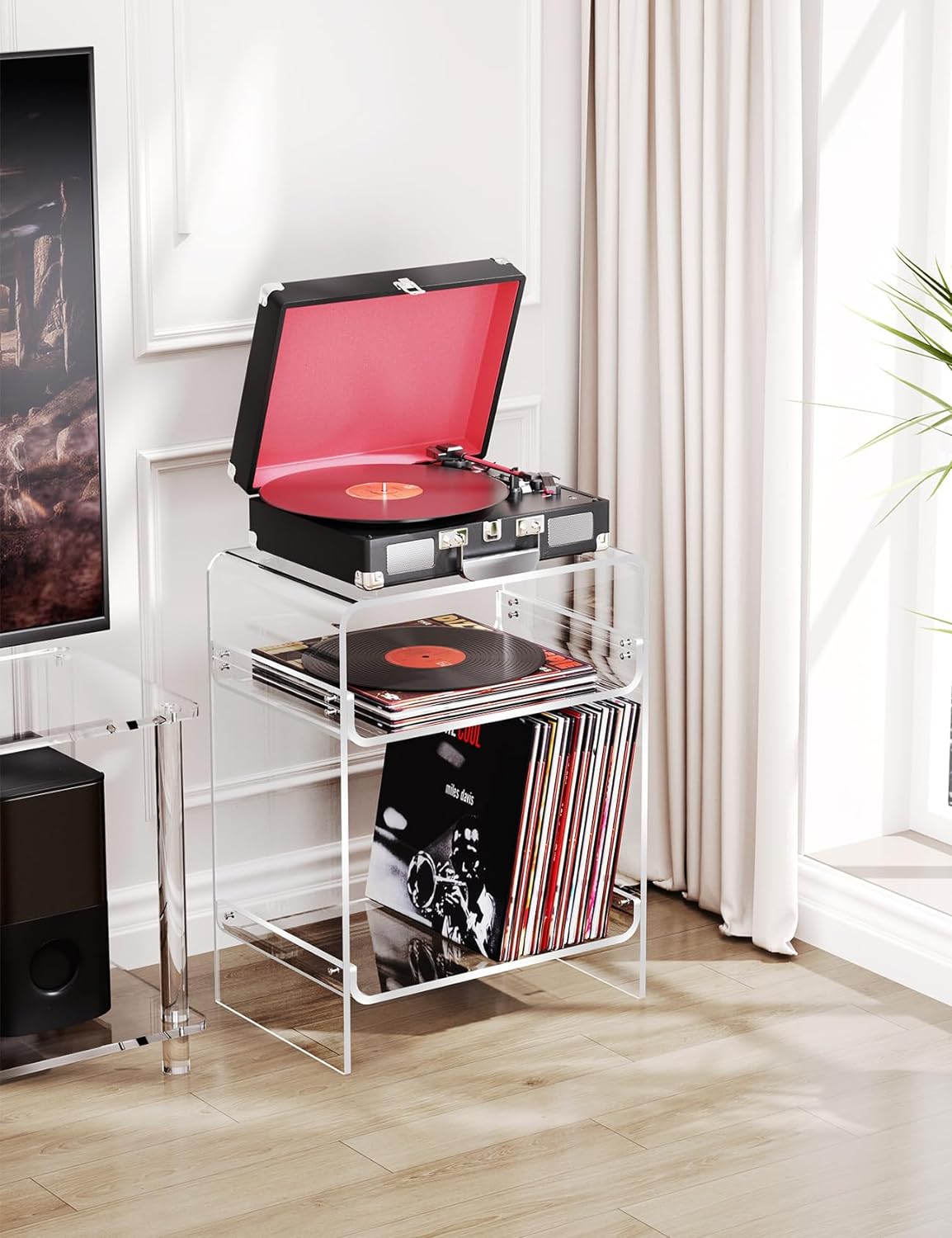 Clear Acrylic Record Player Stand with Storage Shelf – Modern Vinyl Display