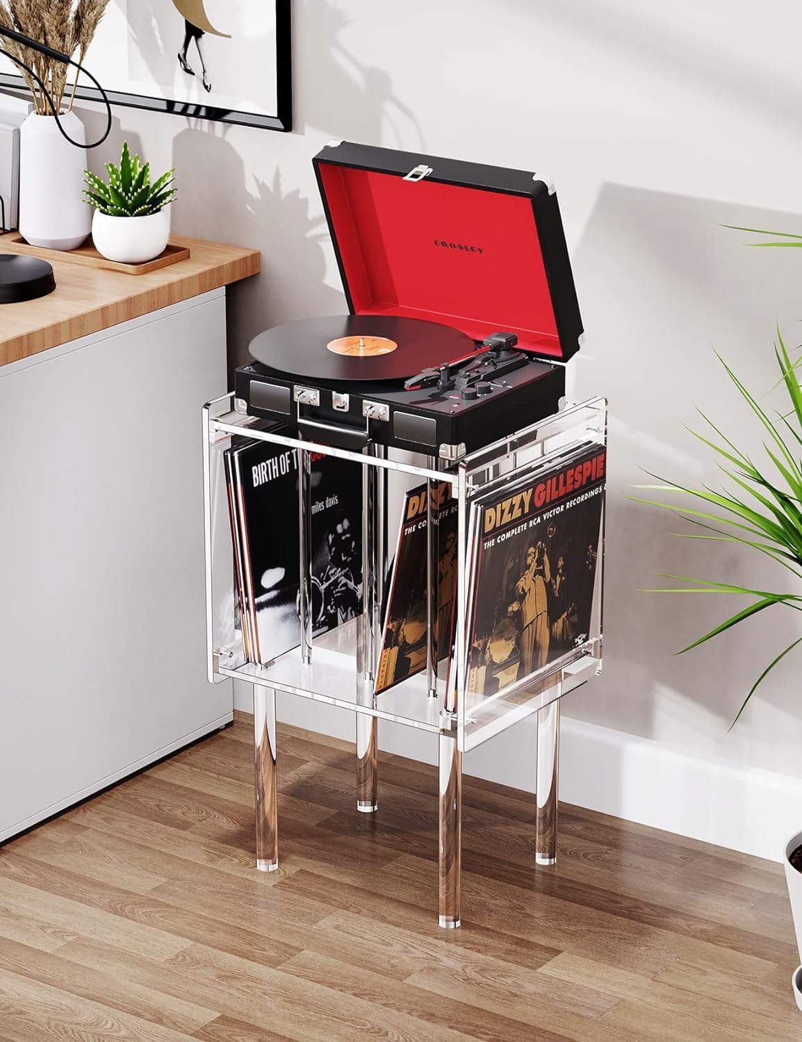 Clear Acrylic Record Player Stand with Built-In Vinyl Storage