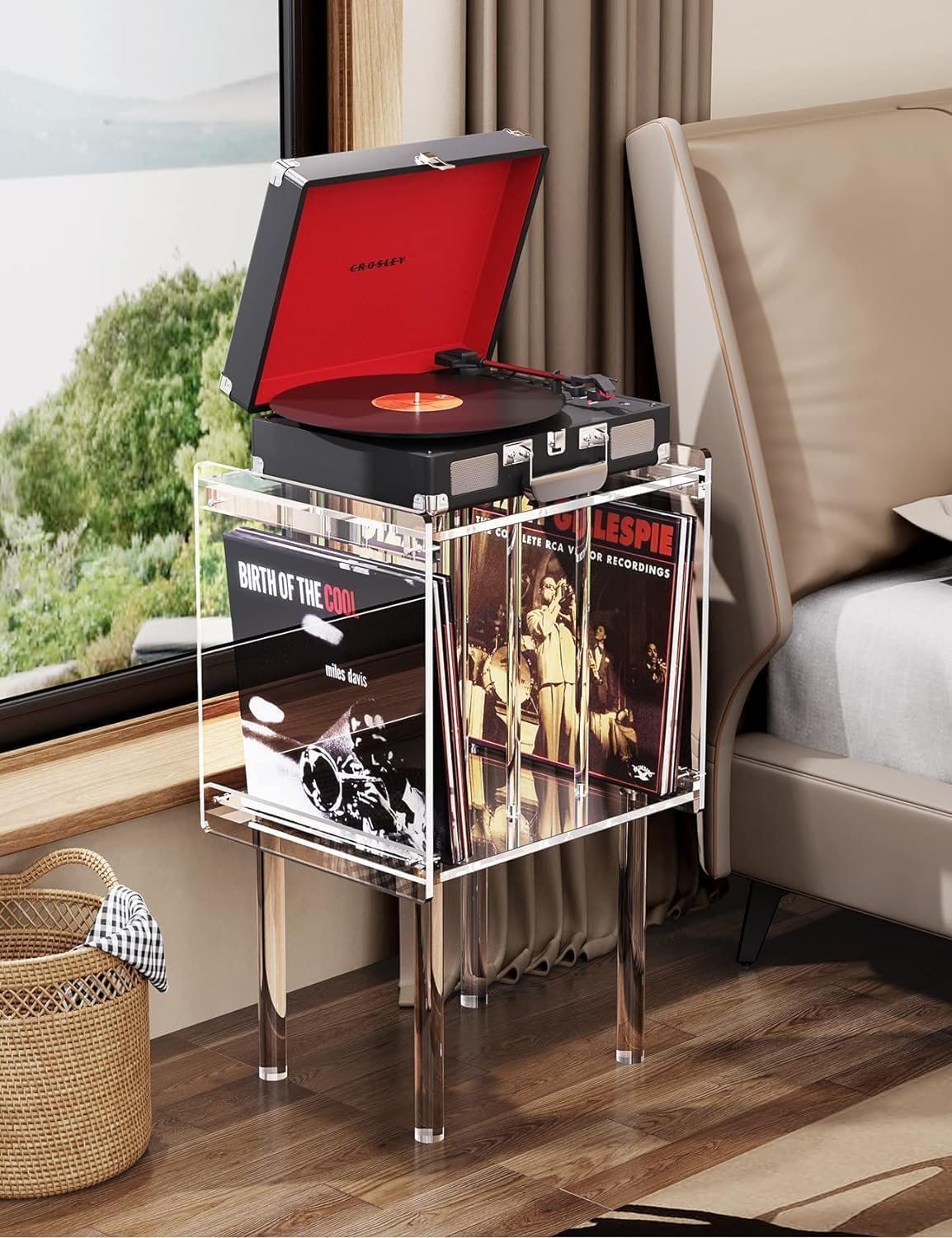 Clear Acrylic Record Player Stand with Built-In Vinyl Storage