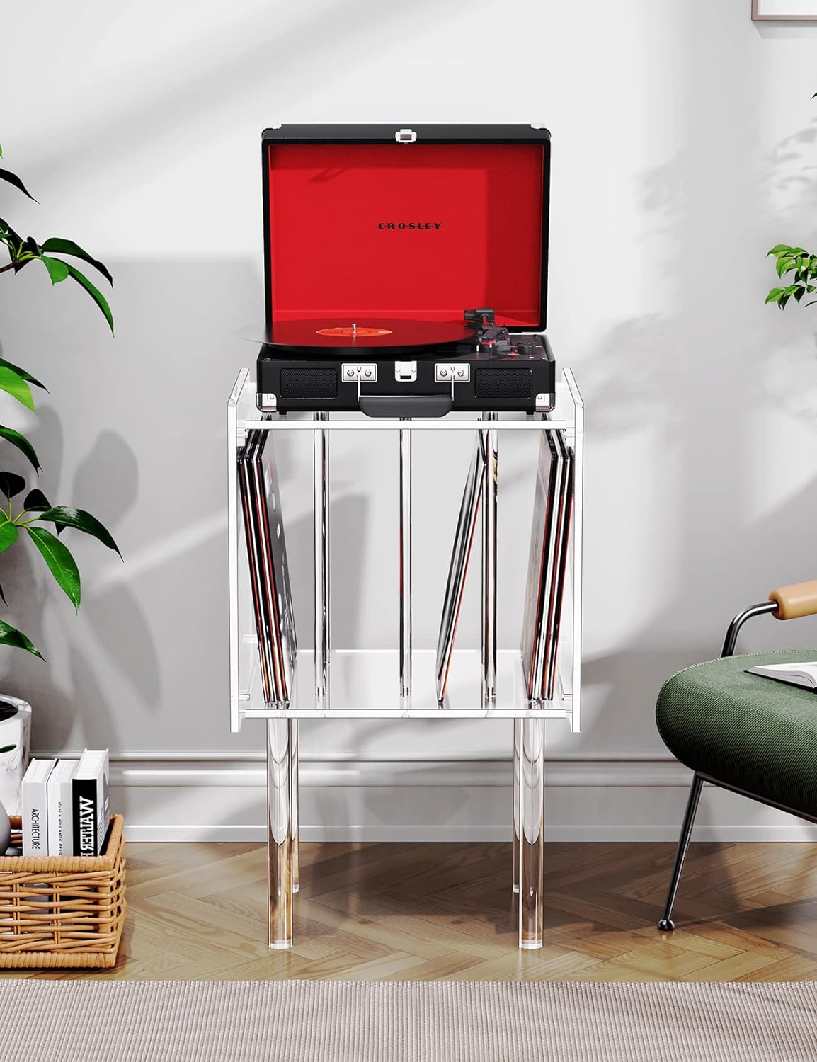 Clear Acrylic Record Player Stand with Built-In Vinyl Storage
