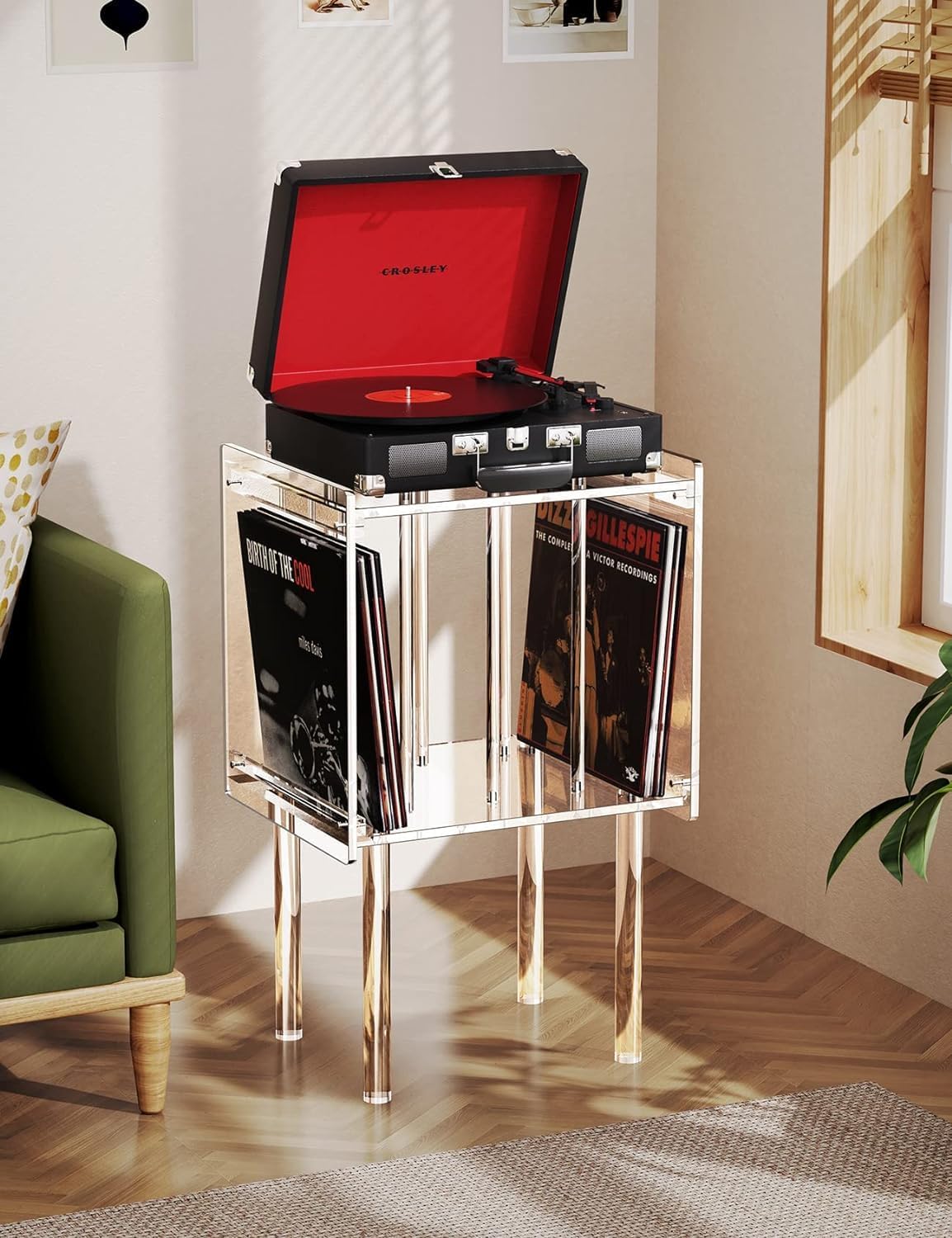 Clear Acrylic Record Player Stand with Built-In Vinyl Storage
