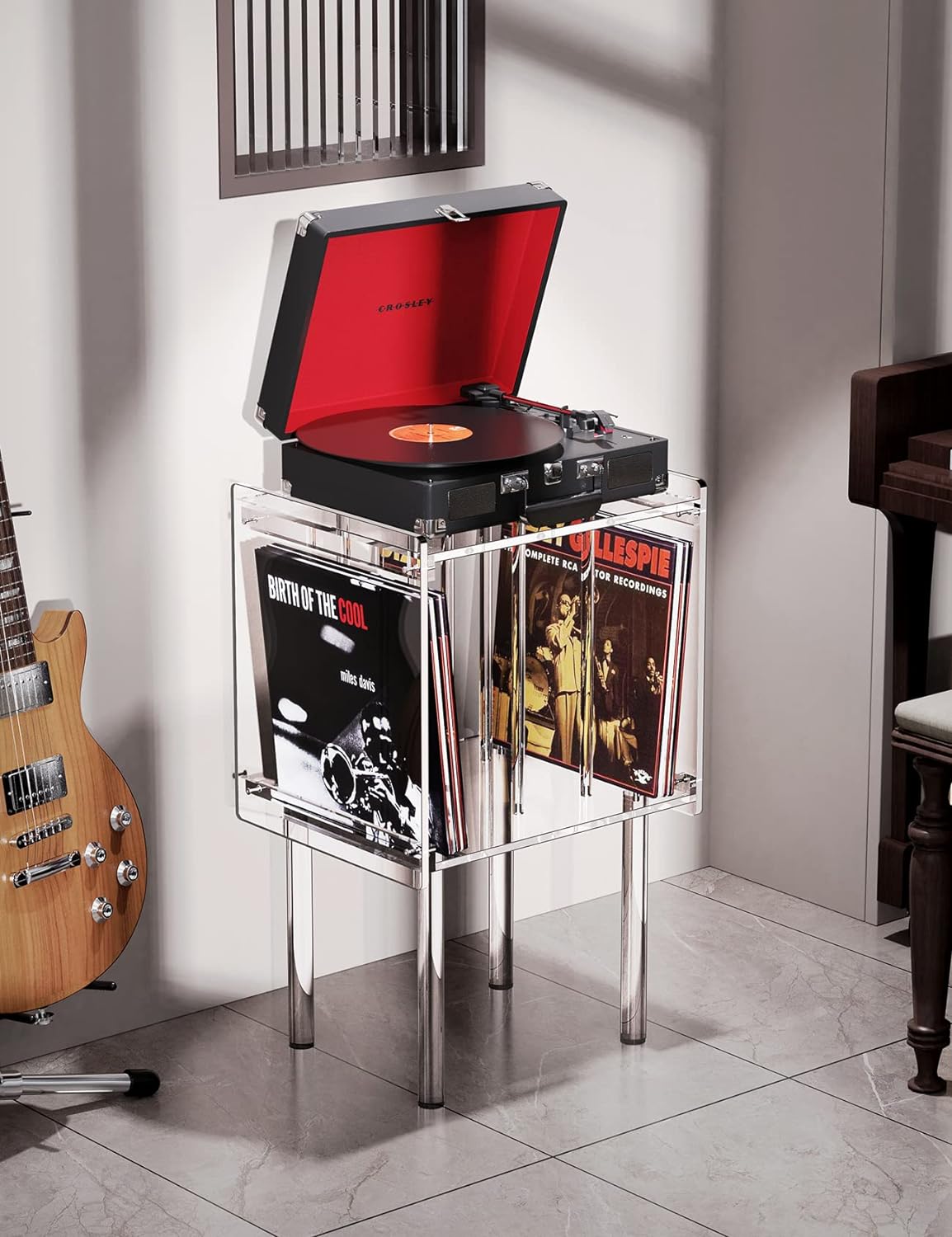 Clear Acrylic Record Player Stand with Built-In Vinyl Storage