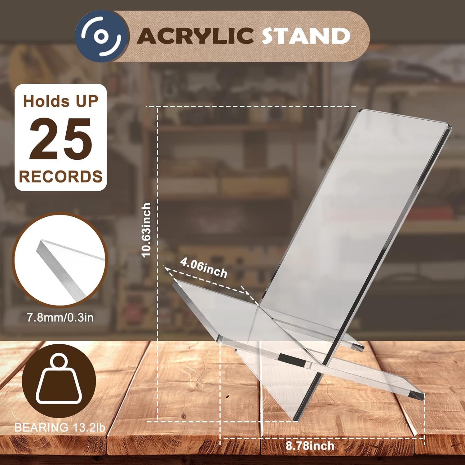 Modern Acrylic Record Holder – Display Up to 25 Vinyl Albums with Wood Stand