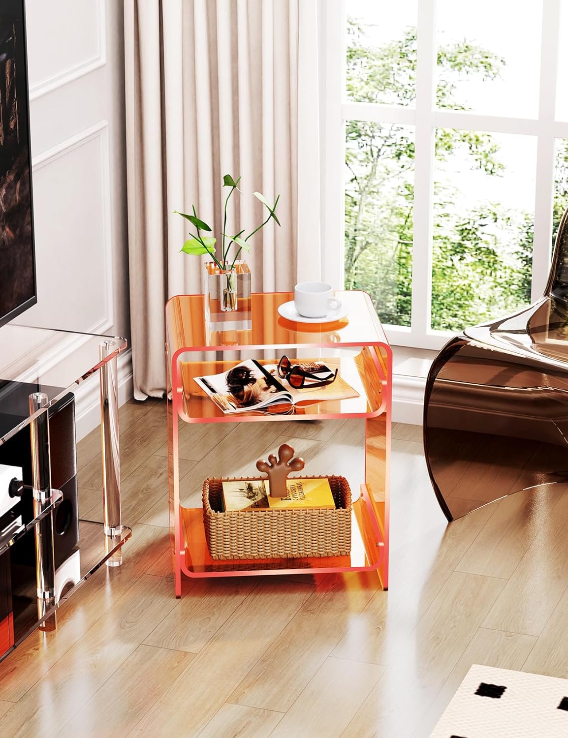 Orange Clear Acrylic Side Table – Nightstand & Record Player Stand with Storage