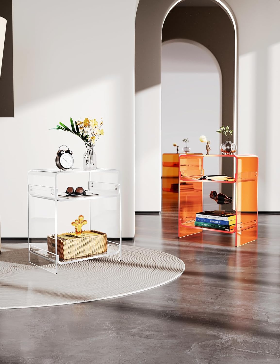 Orange Clear Acrylic Side Table – Nightstand & Record Player Stand with Storage