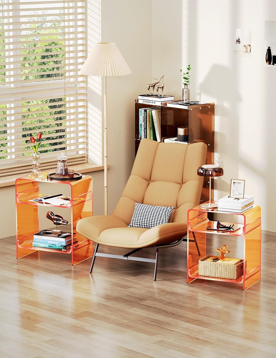 Orange Clear Acrylic Side Table – Nightstand & Record Player Stand with Storage