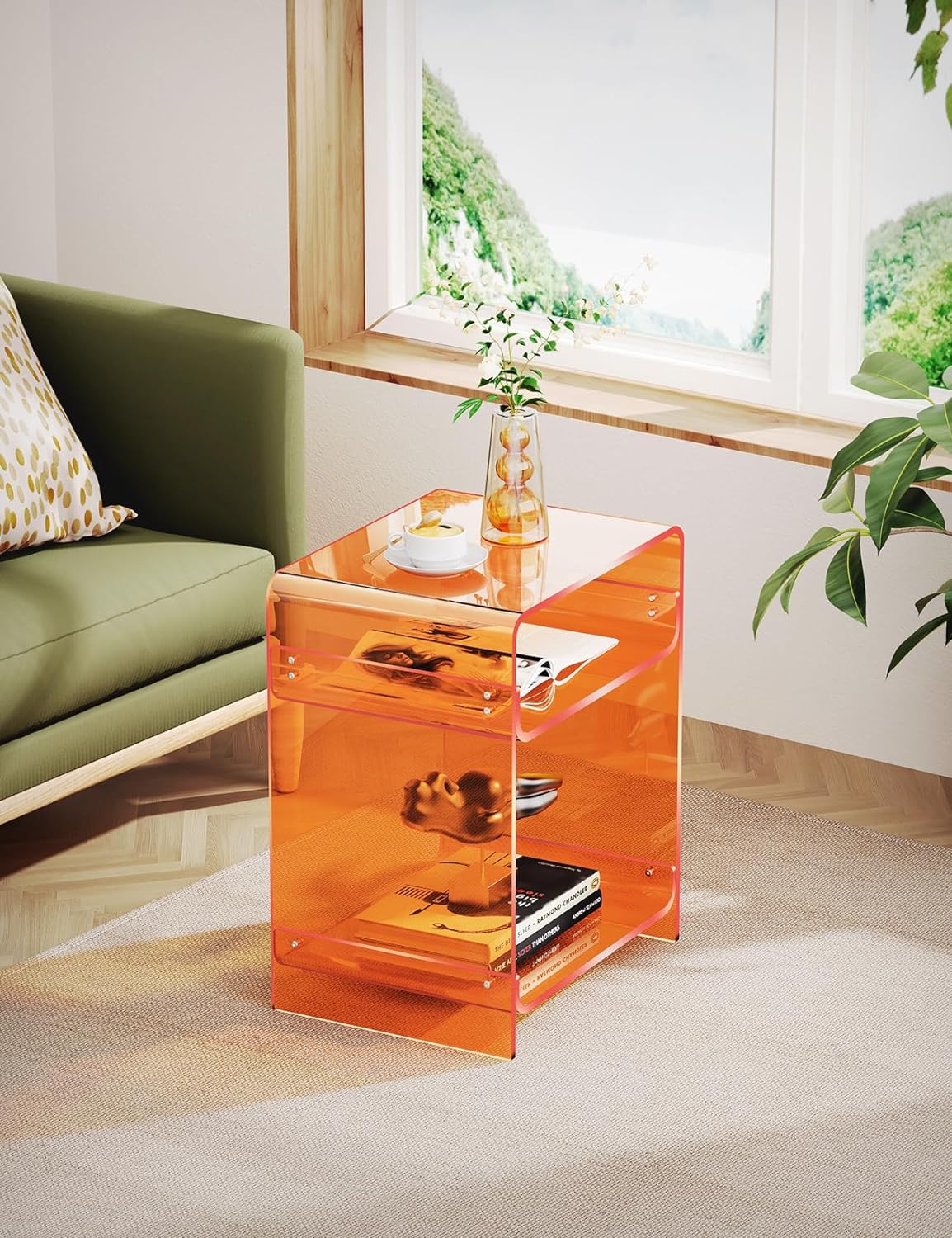 Orange Clear Acrylic Side Table – Nightstand & Record Player Stand with Storage