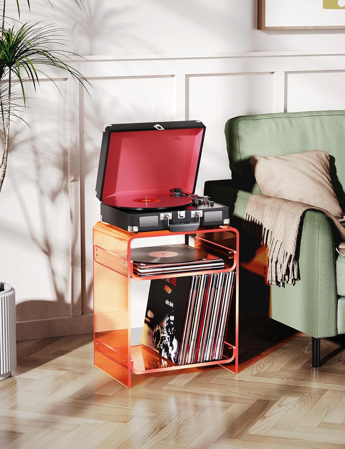 Orange Clear Acrylic Side Table – Nightstand & Record Player Stand with Storage