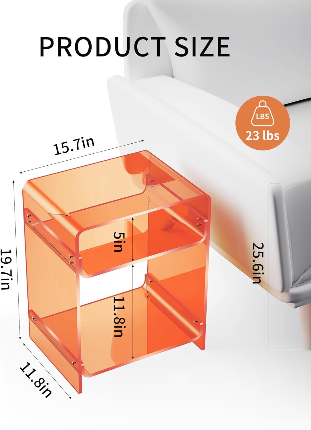 Orange Clear Acrylic Side Table – Nightstand & Record Player Stand with Storage