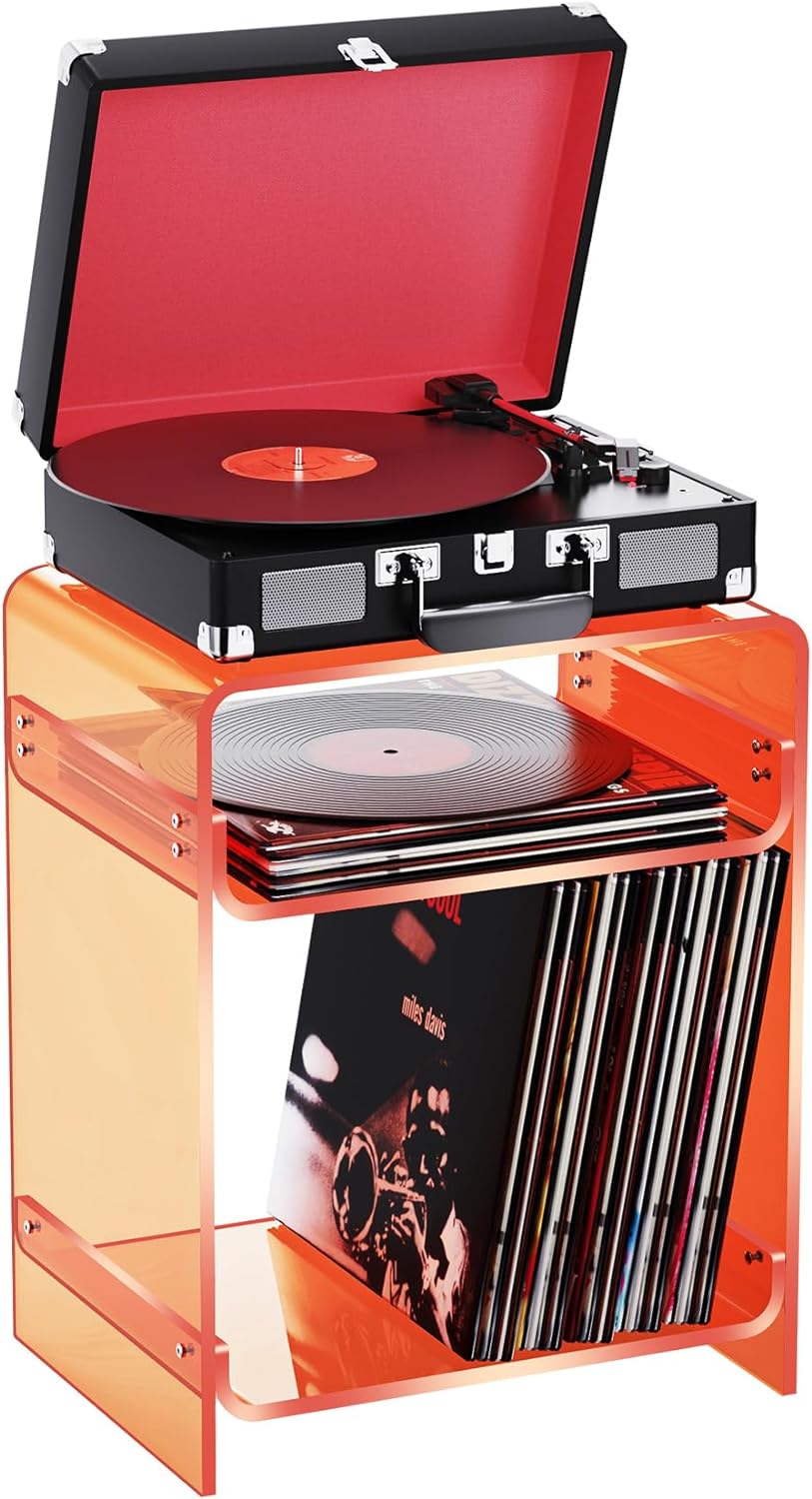 Orange Clear Acrylic Side Table – Nightstand & Record Player Stand with Storage