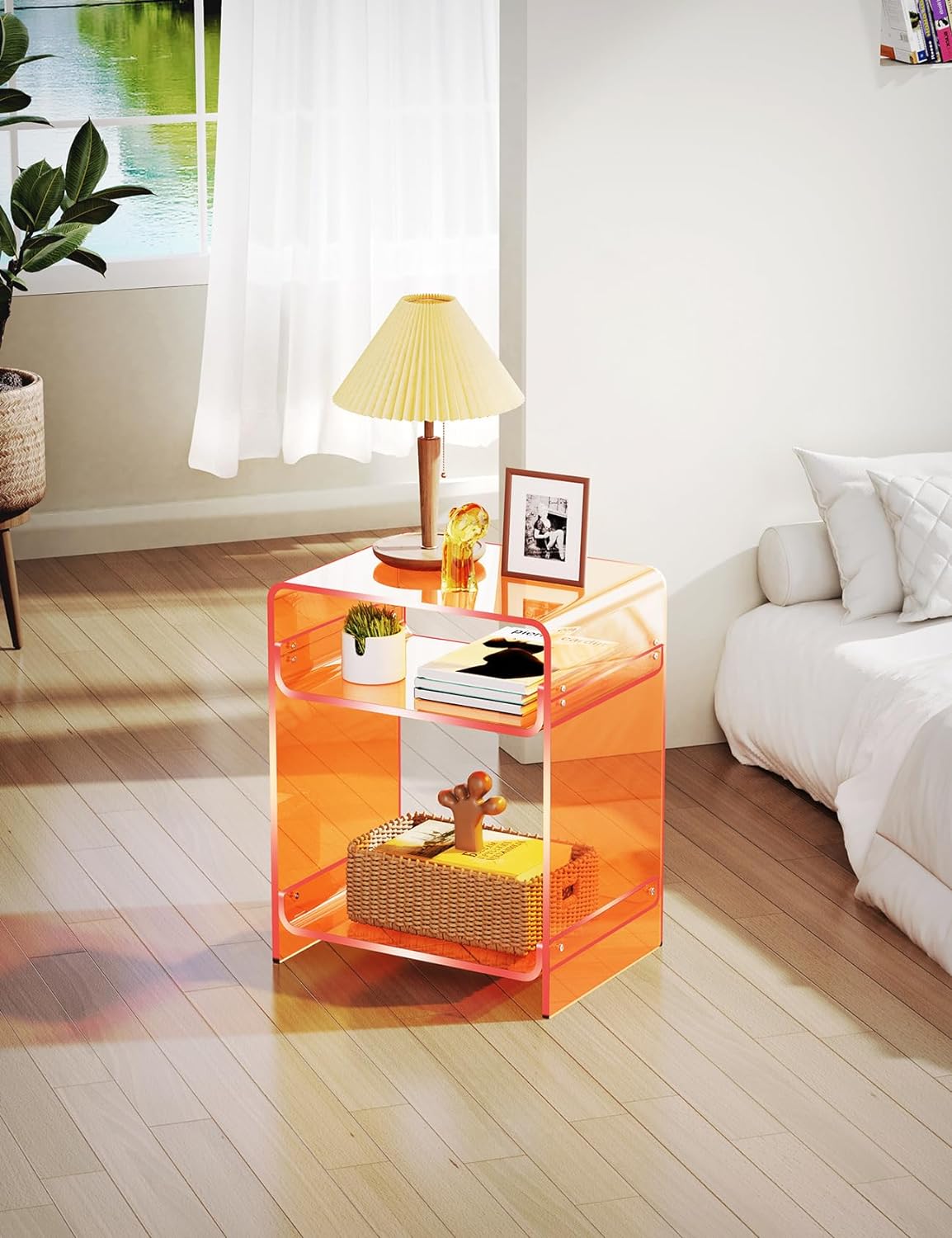 Orange Clear Acrylic Side Table – Nightstand & Record Player Stand with Storage
