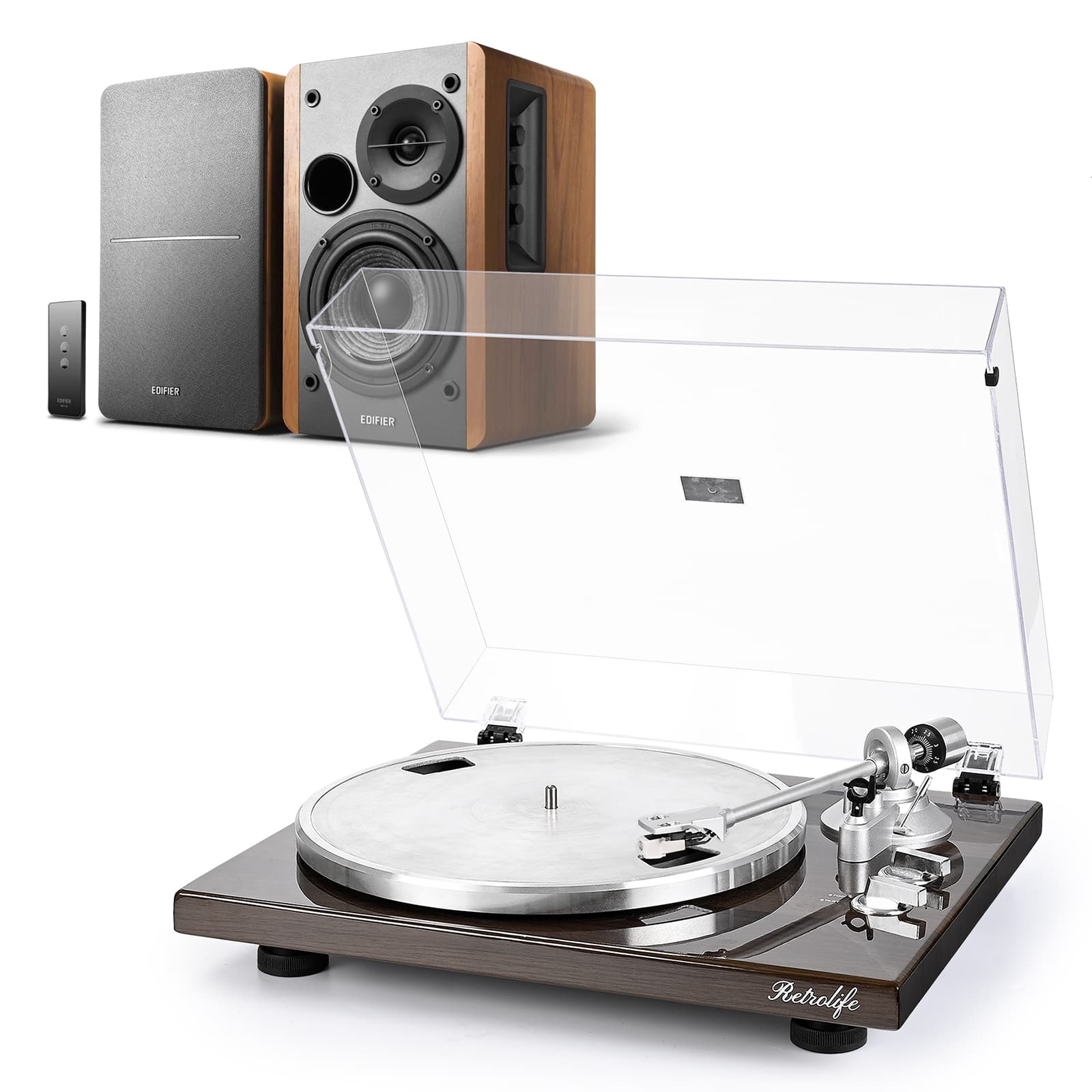 HQKZ-006 Hi-Fi Turntable with Edifier R1280T 42W Powered Studio Speakers