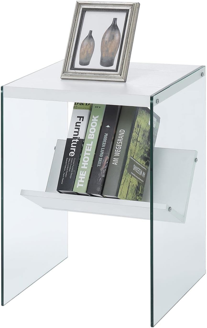 White Glass End Shelf Table – Modern Home Side Table with Storage