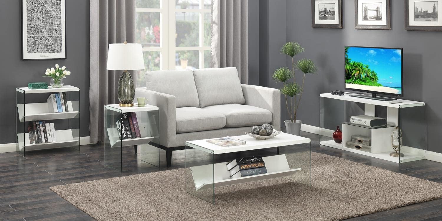 White Glass End Shelf Table – Modern Home Side Table with Storage