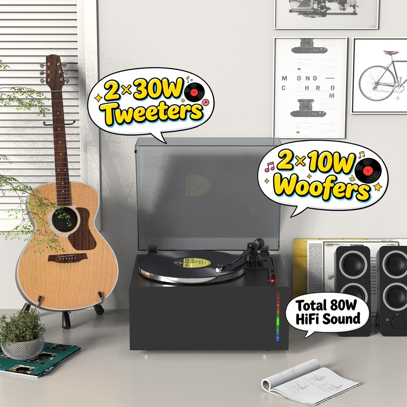 All-in-One Bluetooth Vinyl Turntable with 80W HiFi Speakers & Replaceable MM Cartridge