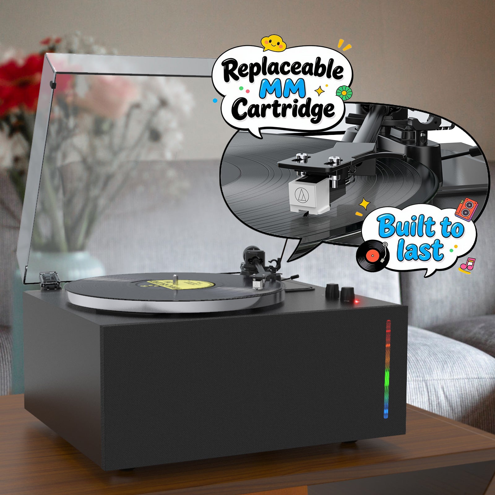 All-in-One Bluetooth Vinyl Turntable with 80W HiFi Speakers & Replaceable MM Cartridge