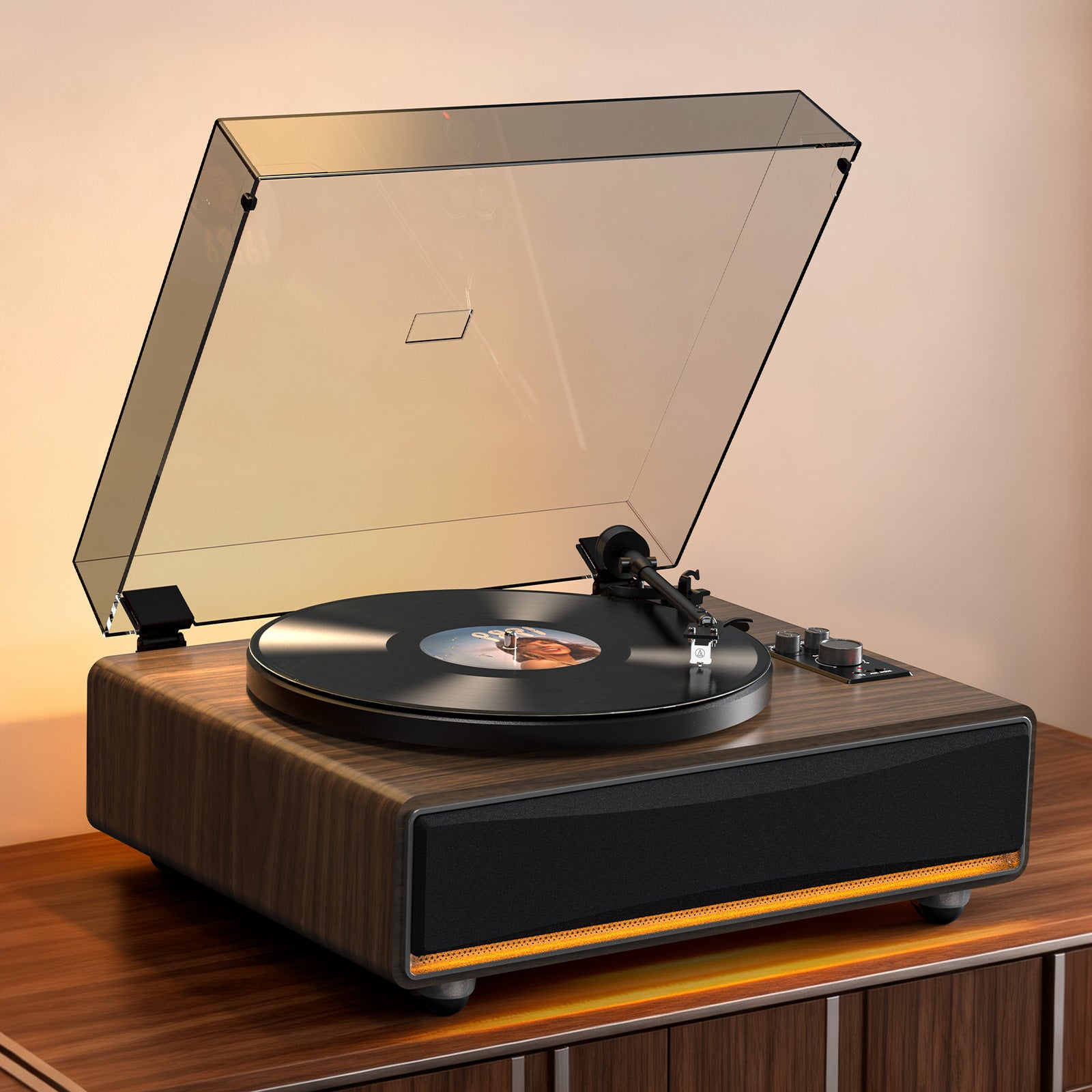 Vintage All-in-One Bluetooth Record Player with 40W Hi-Fi Speakers & Warm Ambient Light