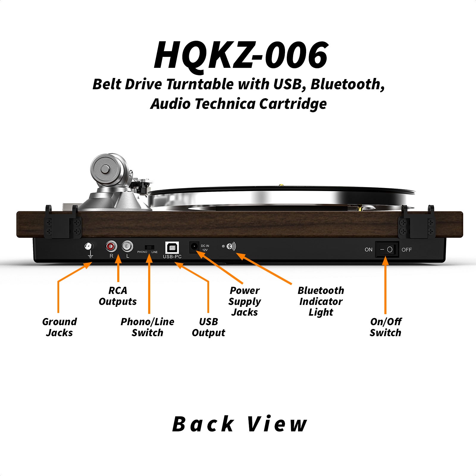 HQKZ-006 Belt Drive Turntable with USB, Bluetooth & ATN-3600L Cartridge