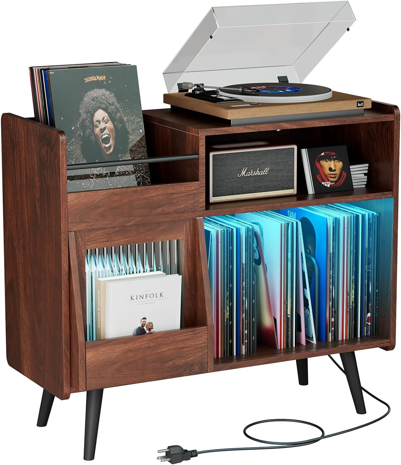 Home Large Record Player Stand with LED Light & Built-In Power Outlet