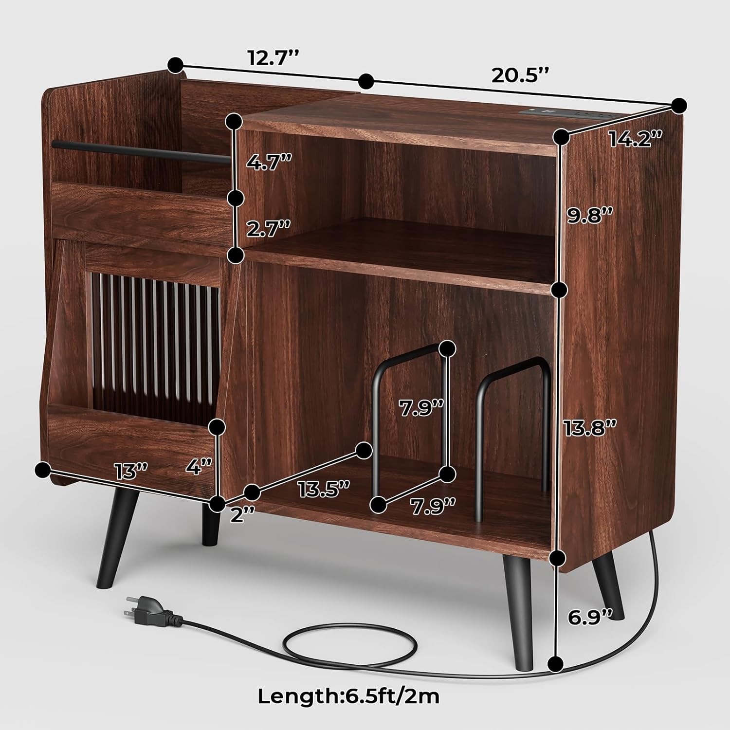 Home Large Record Player Stand with LED Light & Built-In Power Outlet