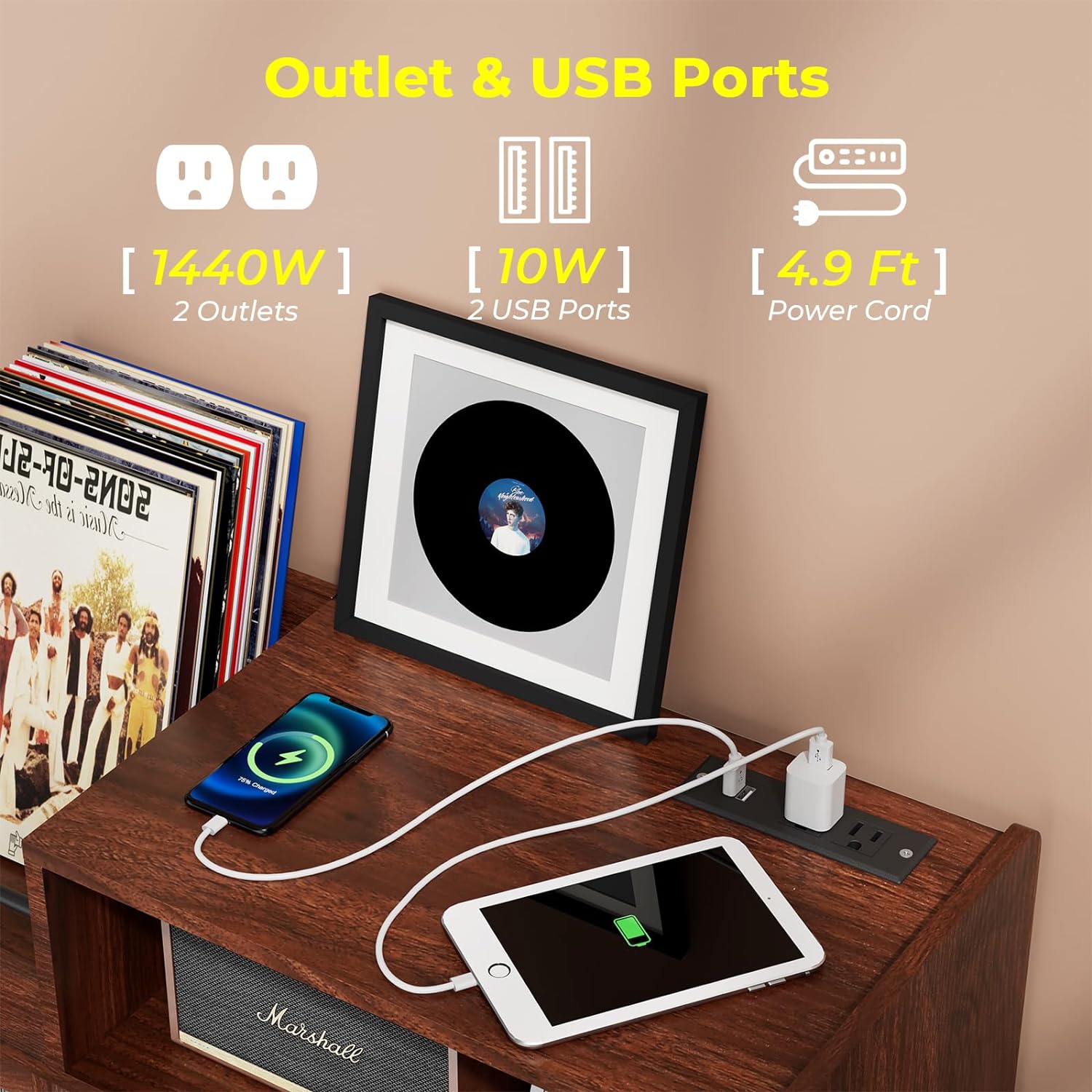 Home Large Record Player Stand with LED Light & Built-In Power Outlet