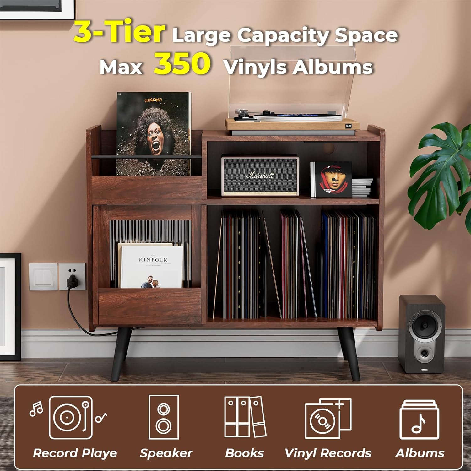 Home Large Record Player Stand with LED Light & Built-In Power Outlet