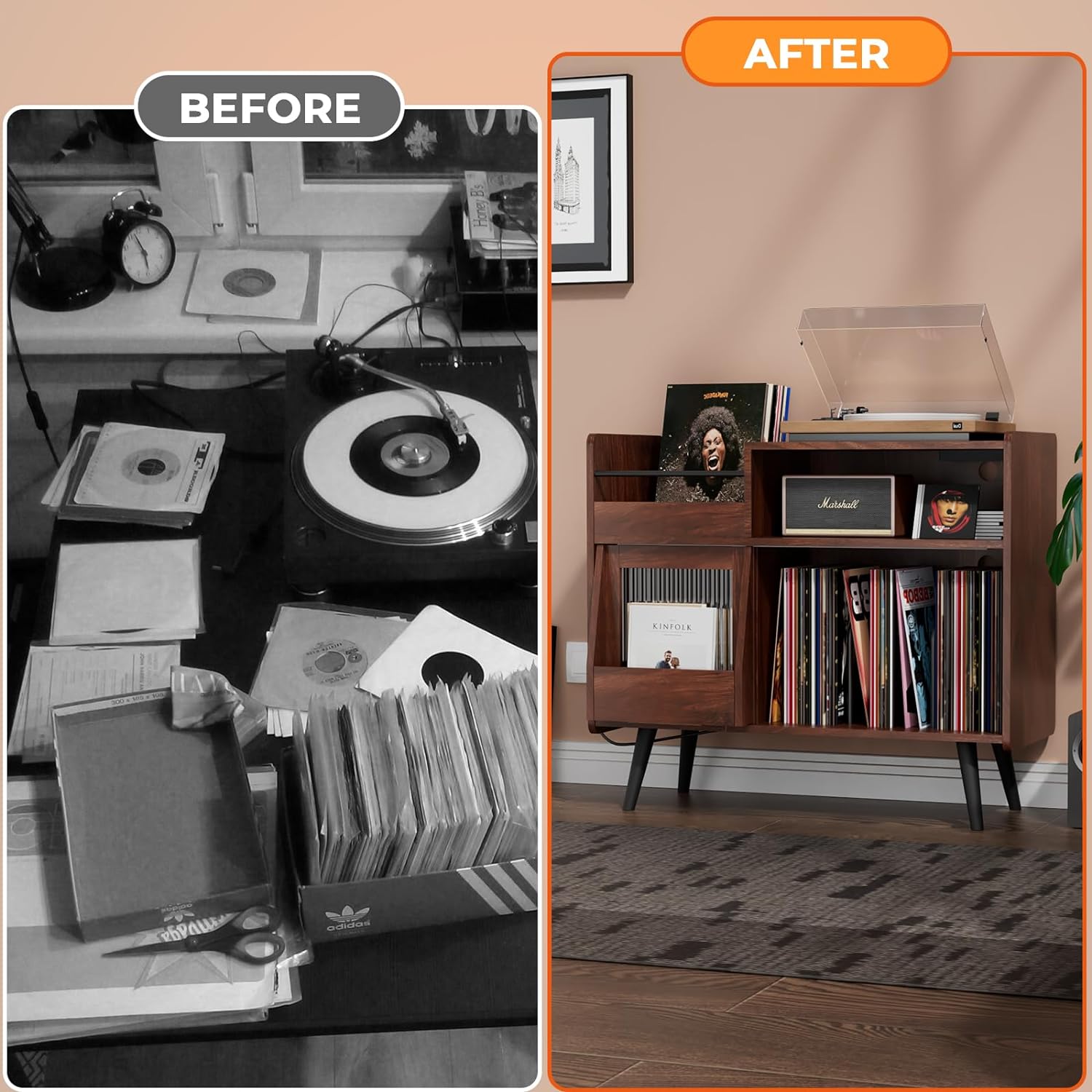 Home Large Record Player Stand with LED Light & Built-In Power Outlet
