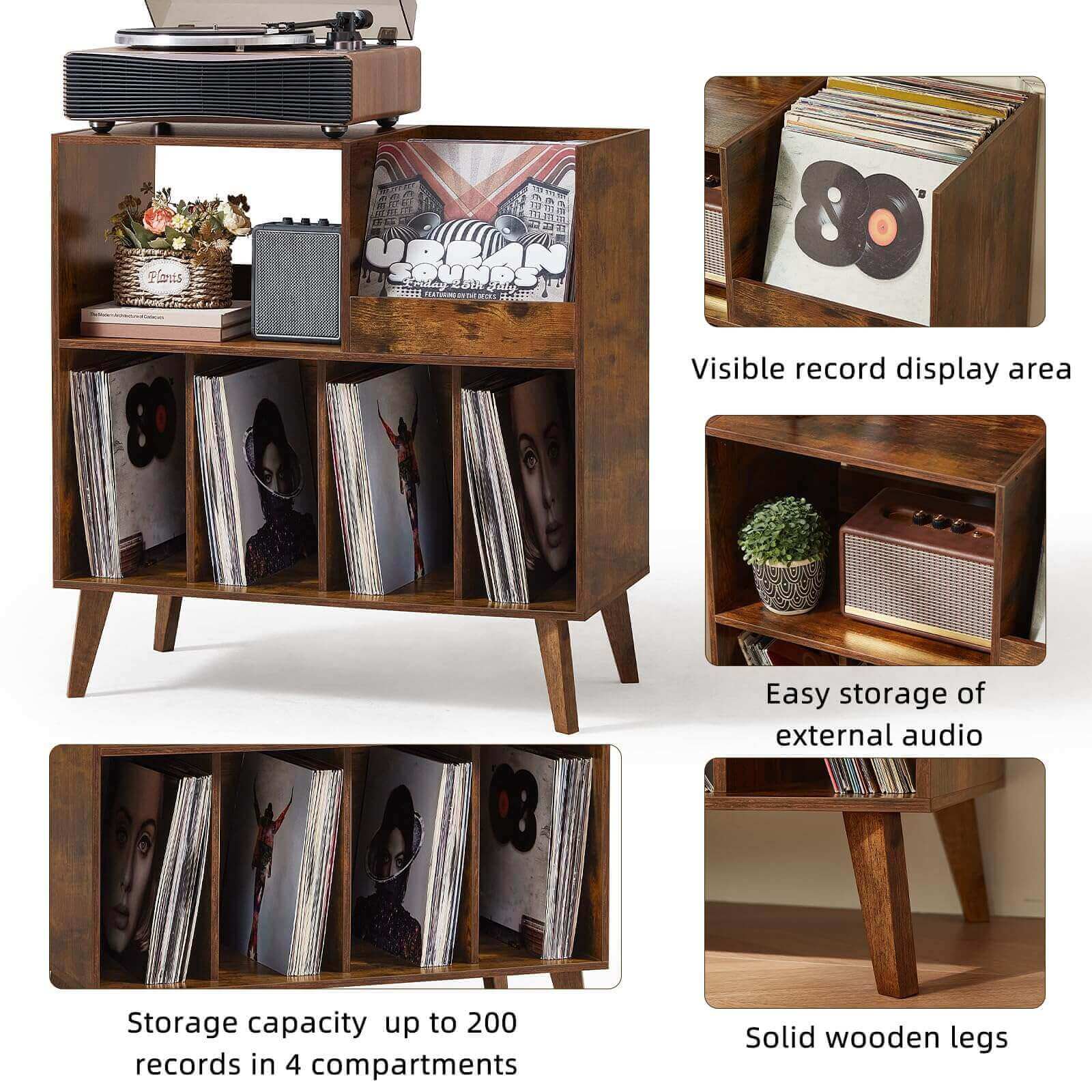 Large Vinyl Record Player Stand – Holds 300+ LPs with Open Display