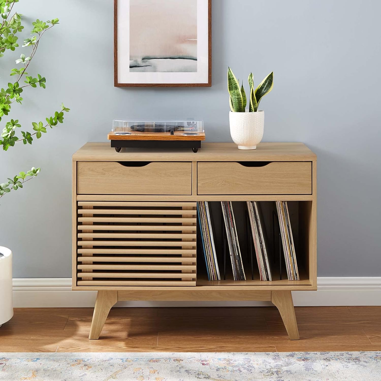 Mid-Century Modern 37" Oak Vinyl Record Display Stand with Drawers