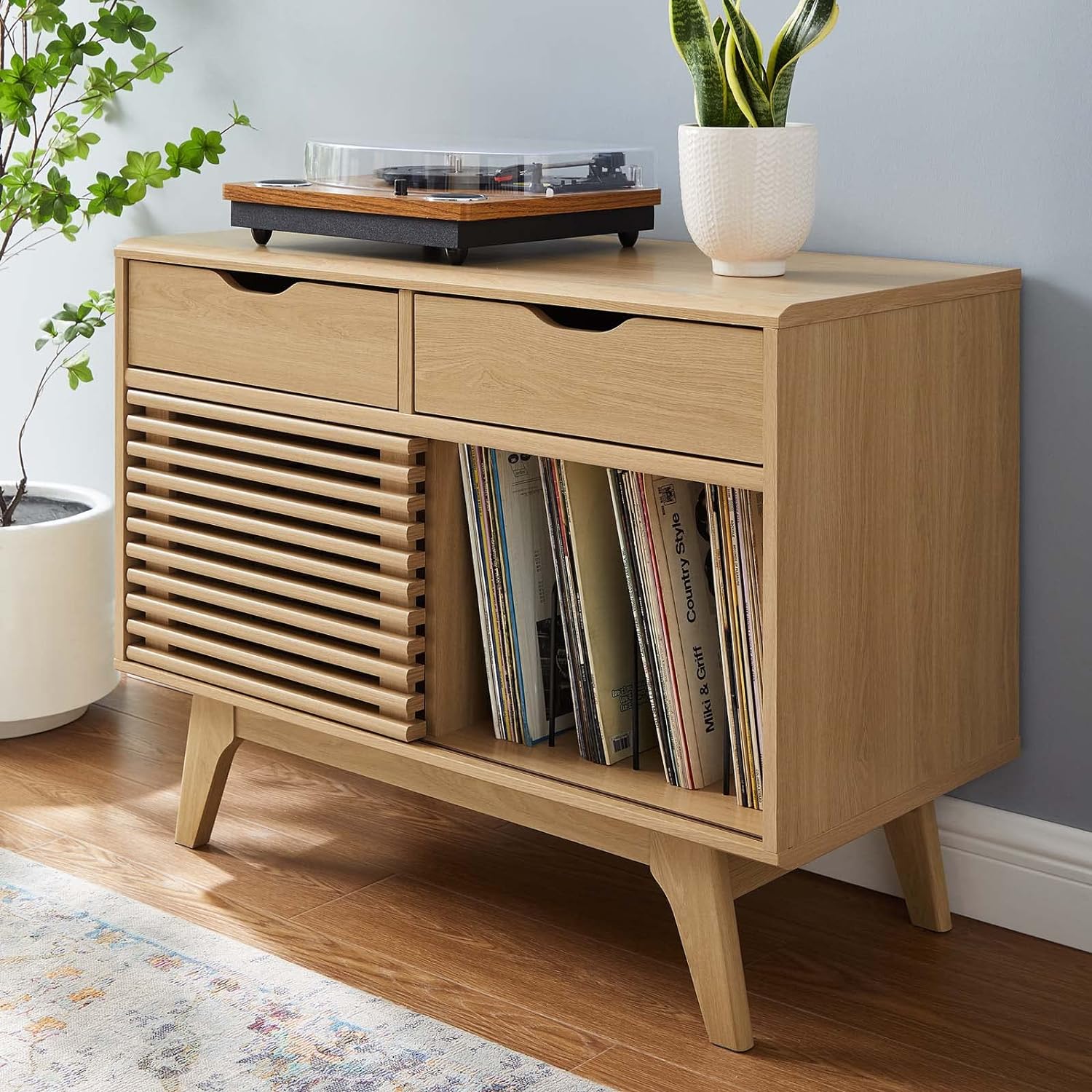 Mid-Century Modern 37" Oak Vinyl Record Display Stand with Drawers