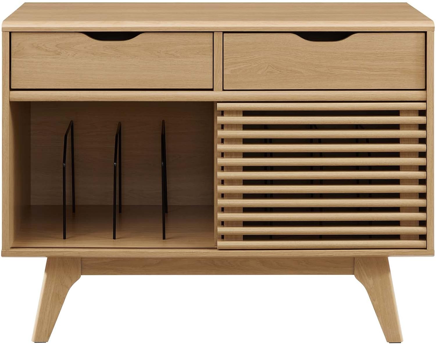 Mid-Century Modern 37" Oak Vinyl Record Display Stand with Drawers