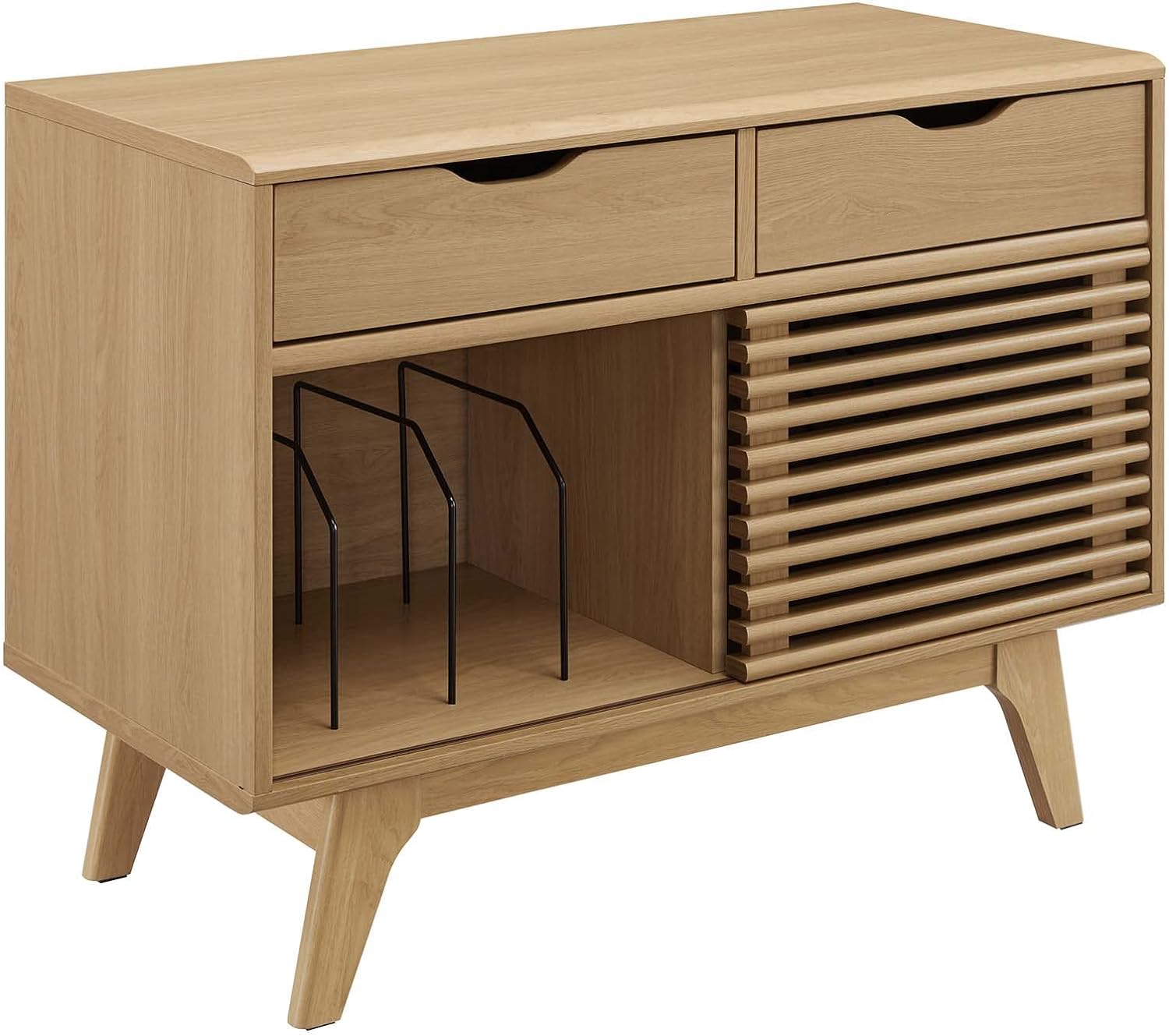 Mid-Century Modern 37" Oak Vinyl Record Display Stand with Drawers