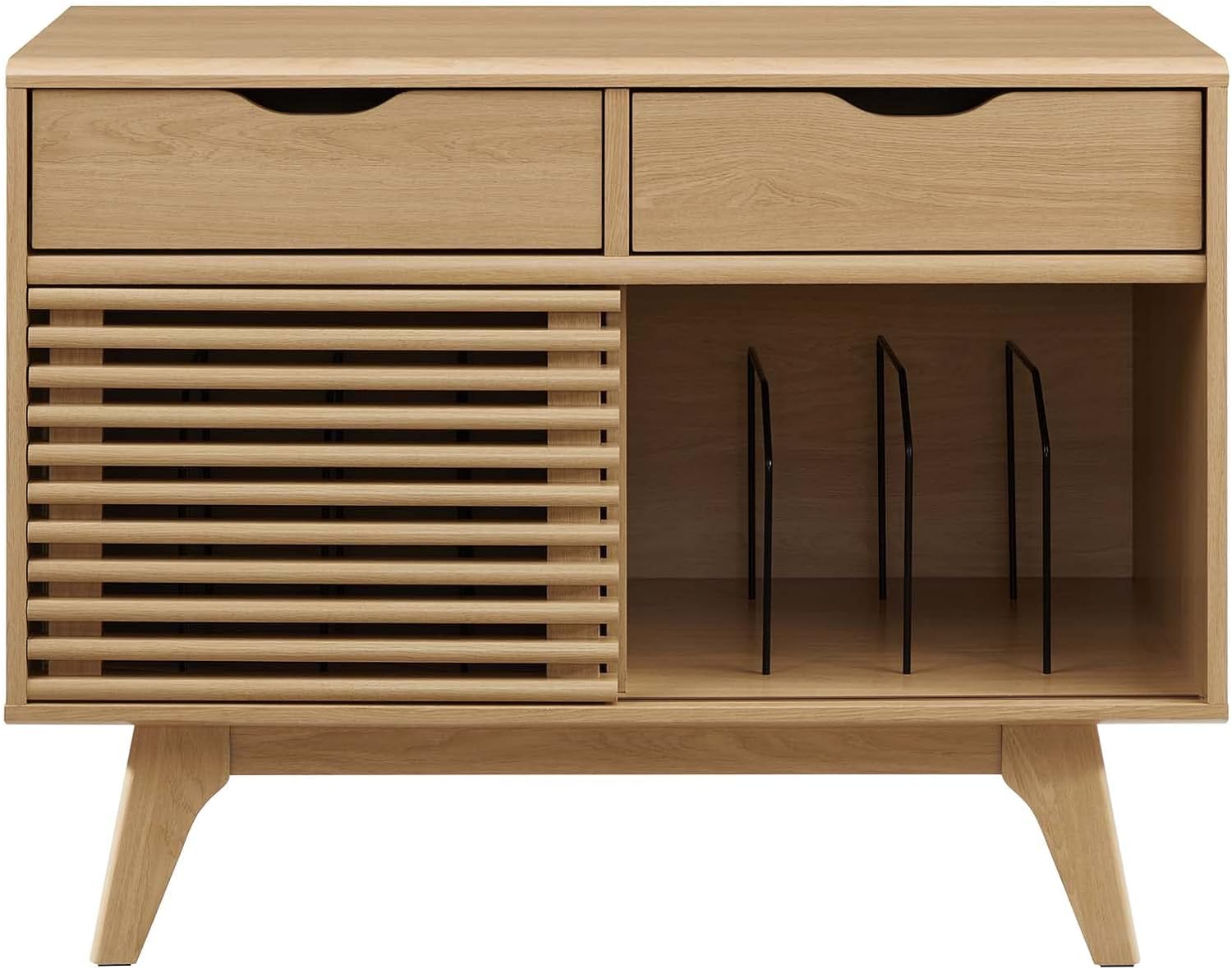 Mid-Century Modern 37" Oak Vinyl Record Display Stand with Drawers
