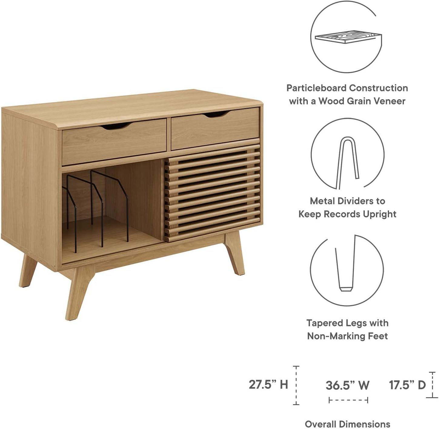 Mid-Century Modern 37" Oak Vinyl Record Display Stand with Drawers