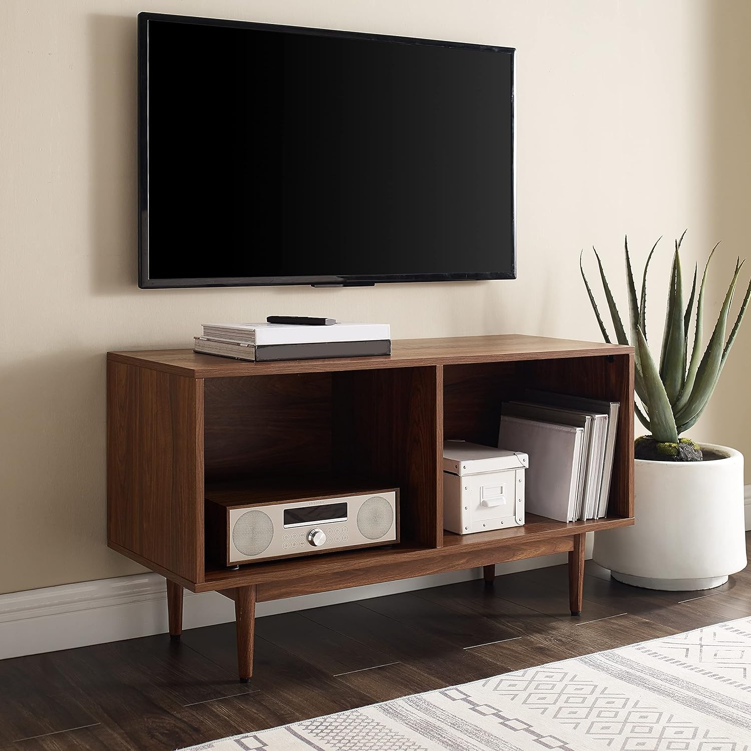 Mid-Century Walnut Record Storage Console Cabinet – Vinyl Organizer