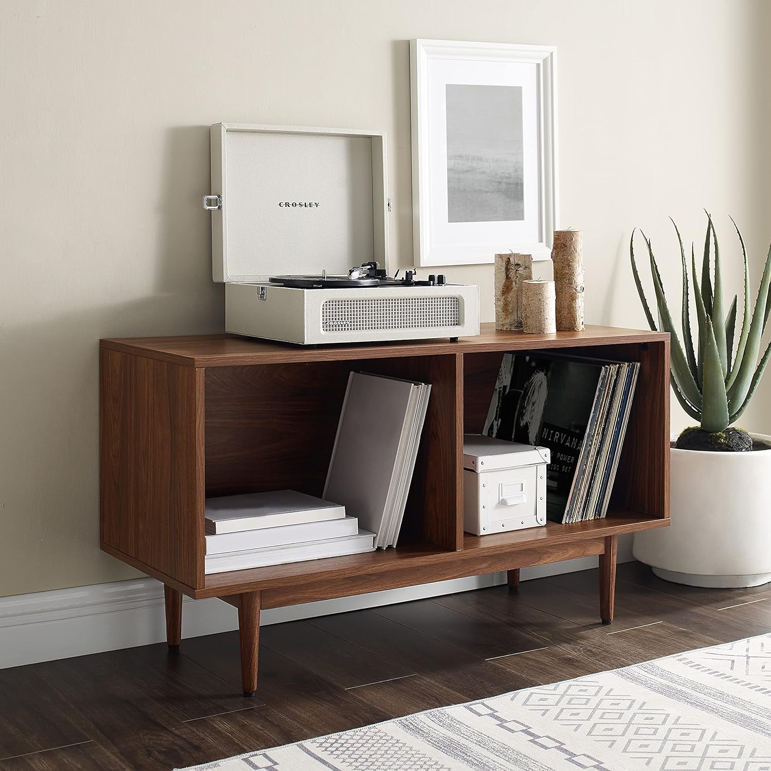 Mid-Century Walnut Record Storage Console Cabinet – Vinyl Organizer