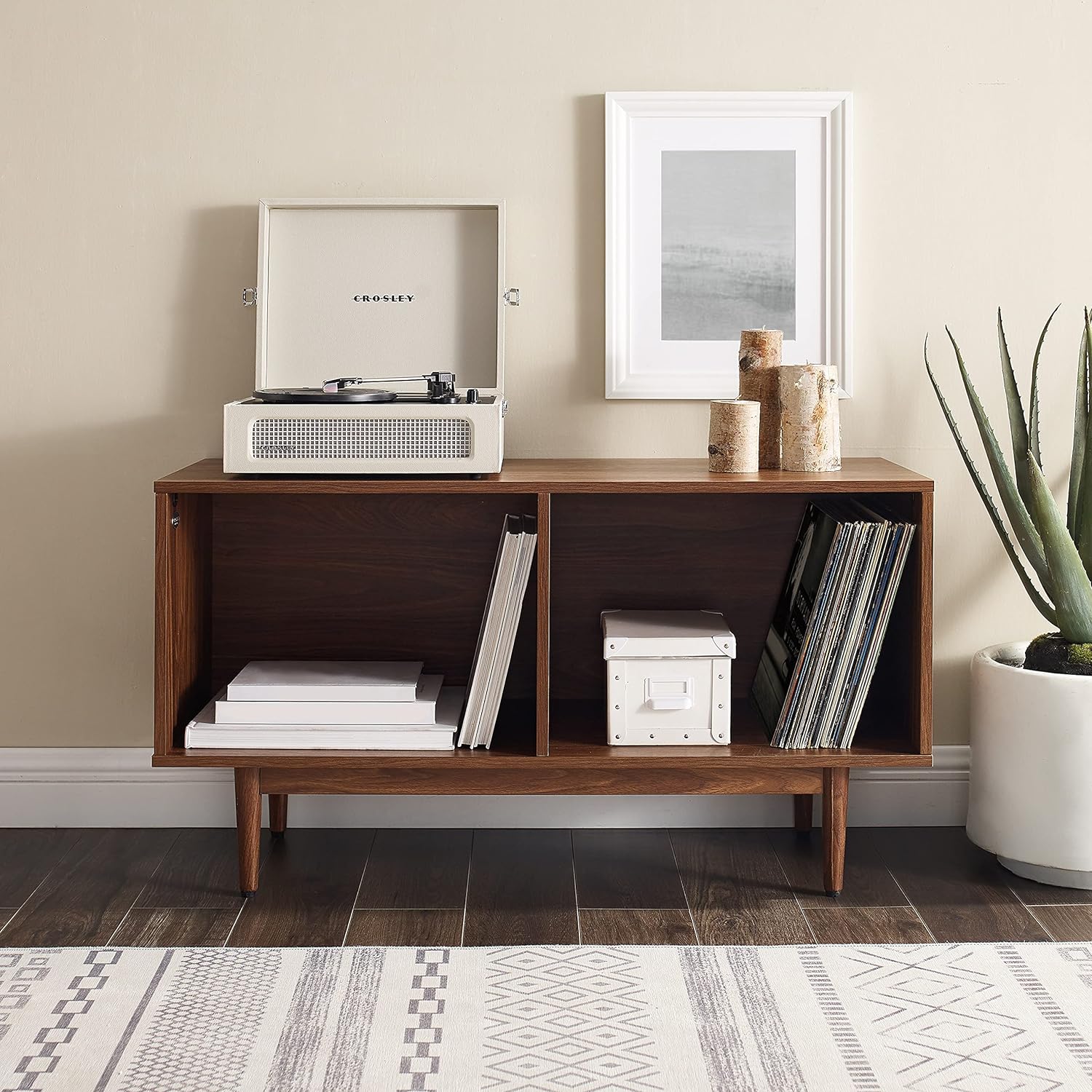 Mid-Century Walnut Record Storage Console Cabinet – Vinyl Organizer