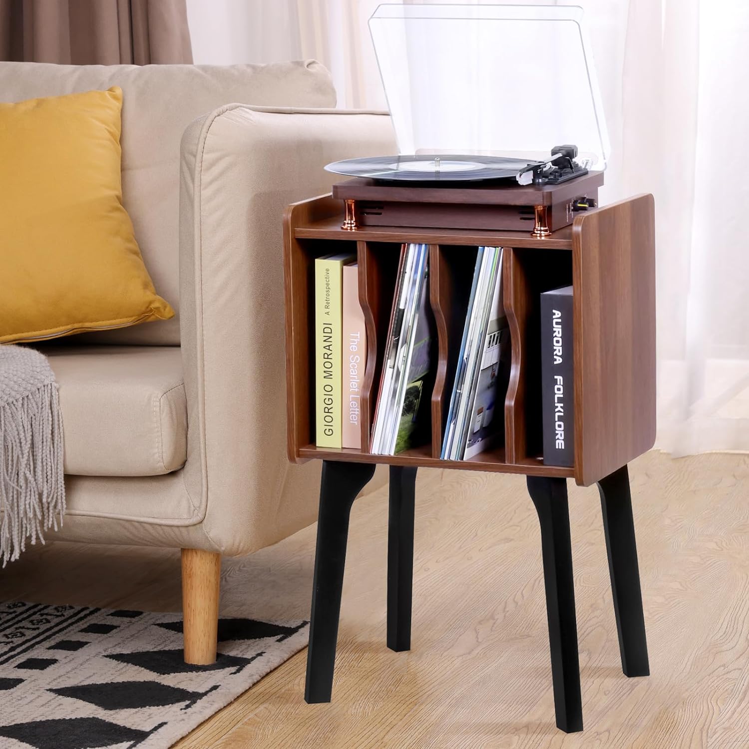 Walnut Record Player Stand with 4 Cabinets & Wood Legs – Vinyl Storage