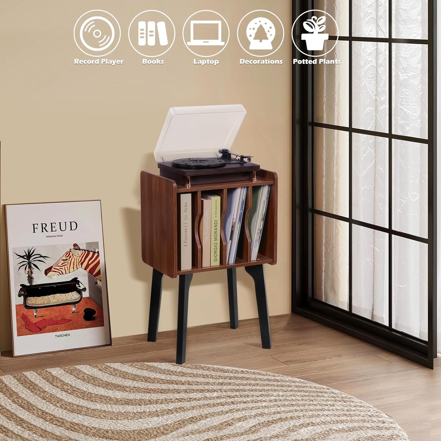 Walnut Record Player Stand with 4 Cabinets & Wood Legs – Vinyl Storage