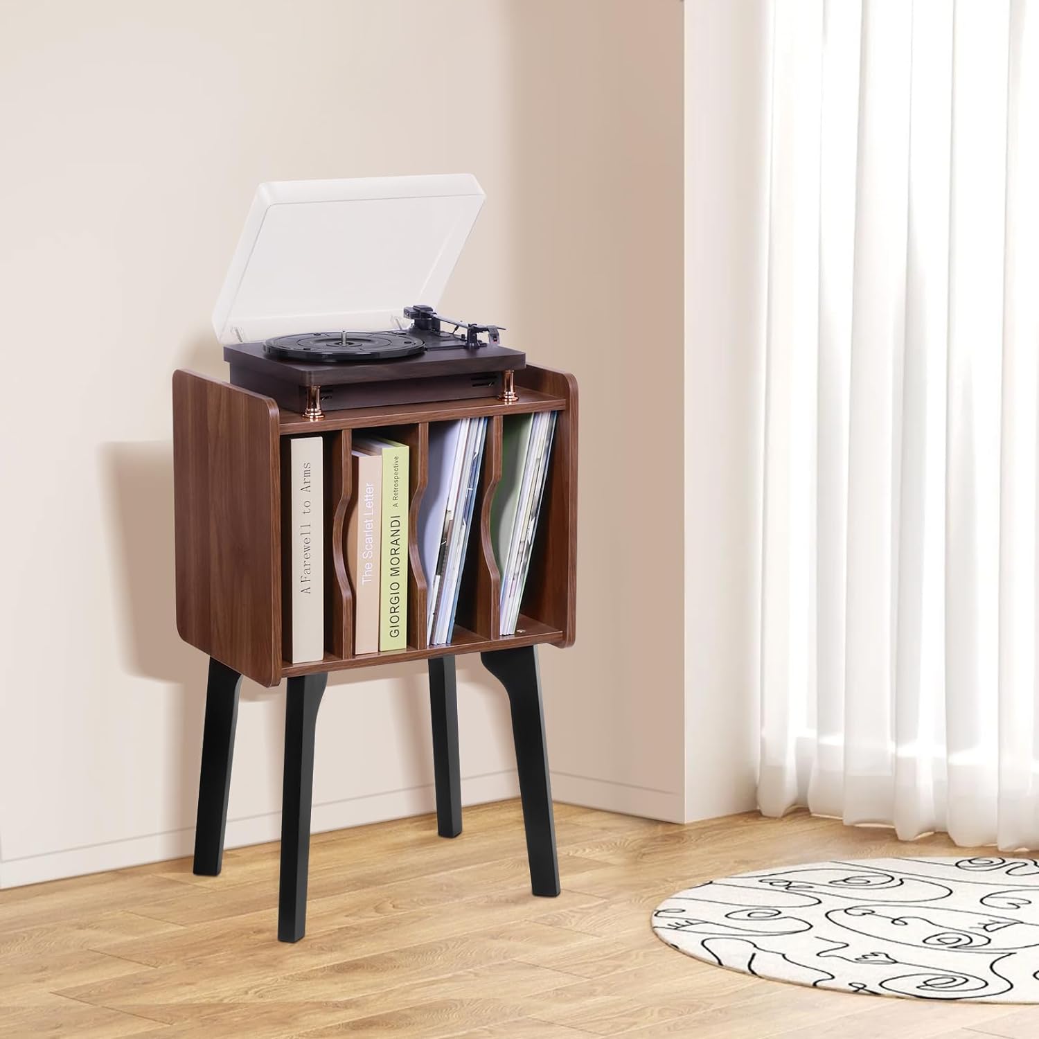 Walnut Record Player Stand with 4 Cabinets & Wood Legs – Vinyl Storage