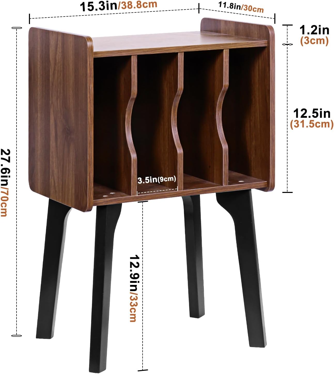 Walnut Record Player Stand with 4 Cabinets & Wood Legs – Vinyl Storage