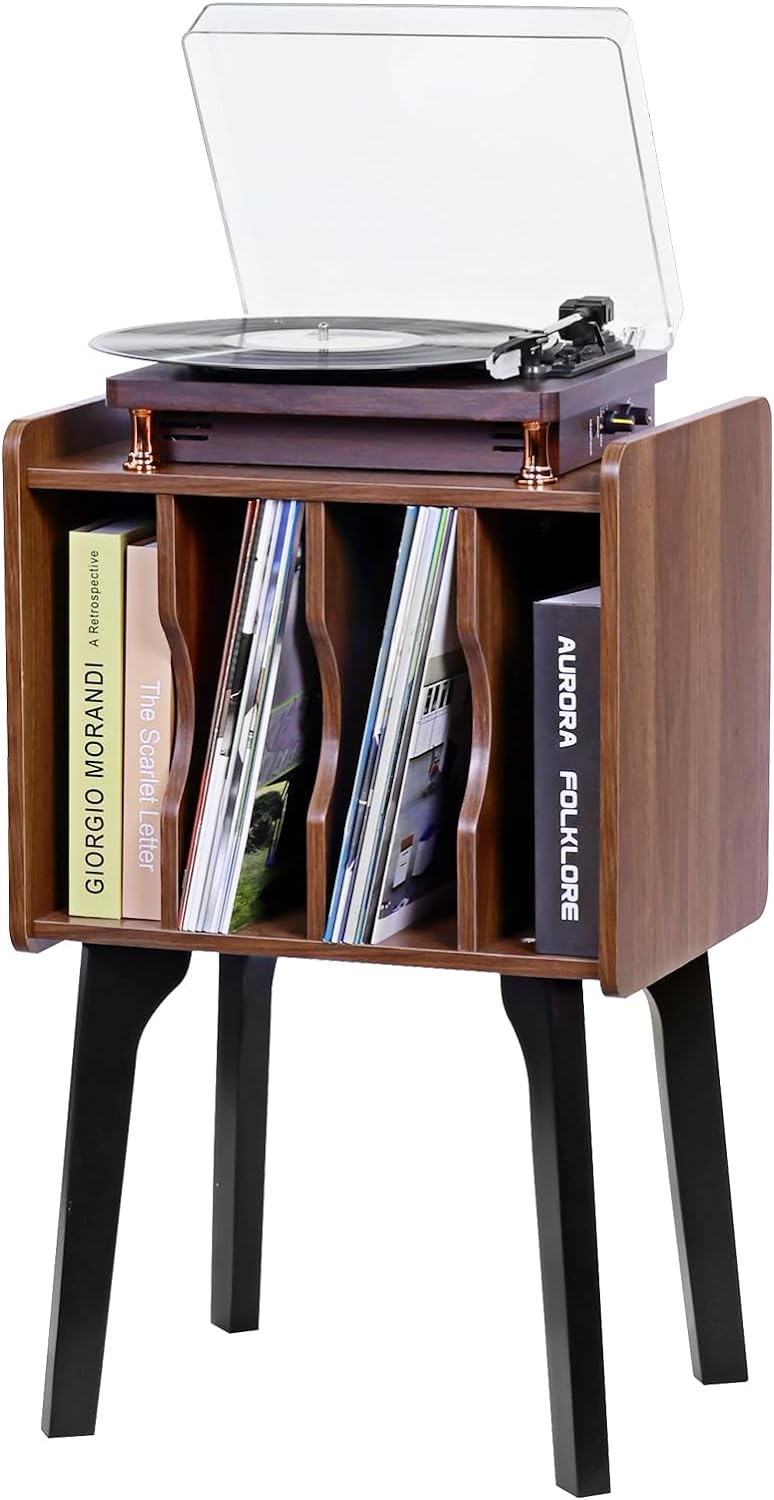 Walnut Record Player Stand with 4 Cabinets & Wood Legs – Vinyl Storage