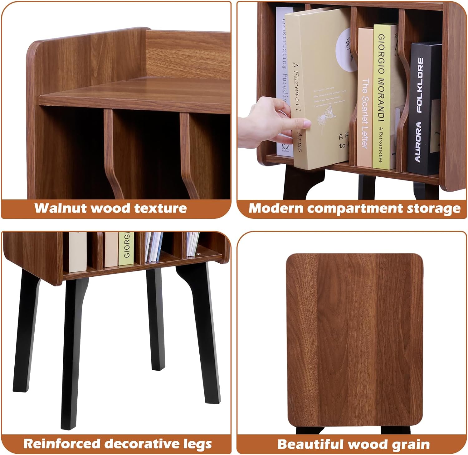 Walnut Record Player Stand with 4 Cabinets & Wood Legs – Vinyl Storage